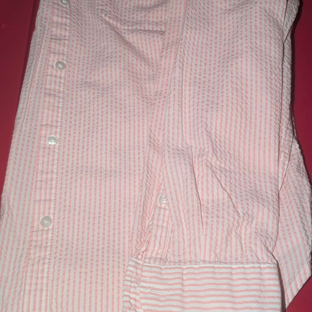 L.L. Bean Pink and White Striped Seersucker Button-Down Shirt